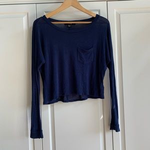 Navy Long sleeve pocket top cropped light sheer